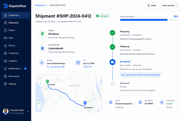DispatchFlow shipment tracking timeline and delivery progress